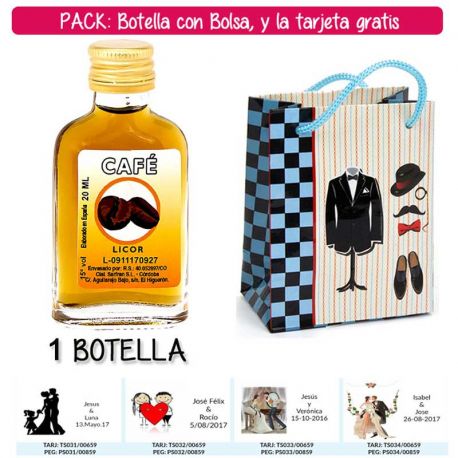 Botellita Petaca de Licor de Café con bolsa “charlestón” y tarjeta