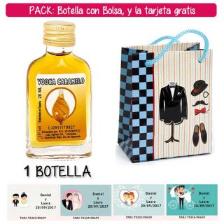 Botellita Petaca de Vodka Caramelo con bolsa “charlestón” y tarjeta