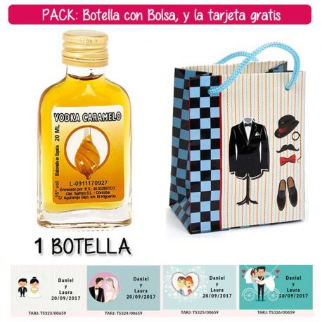 Botellita Petaca de Vodka Caramelo con bolsa “charlestón” y tarjeta
