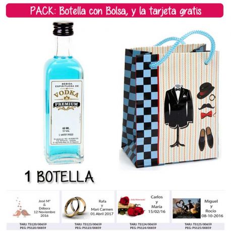Botellita 60ml de Vodka Premium con bolsa “charlestón” y tarjeta