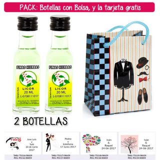 2 Botellitas de Licor de Finas Hierbas con bolsa “charlestón” y tarjeta