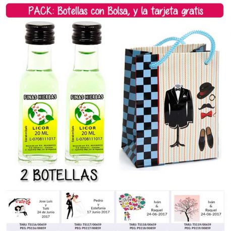 2 Botellitas de Licor de Finas Hierbas con bolsa “charlestón” y tarjeta