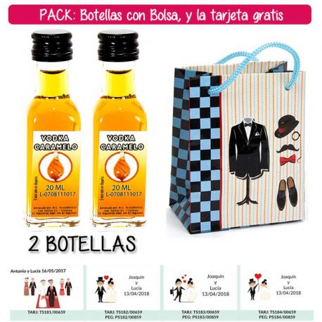 2 Botellitas de Vodka Caramelo con bolsa “charlestón” y tarjeta