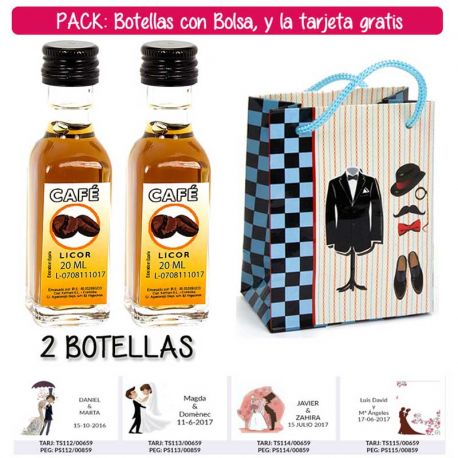 2 Botellitas de Licor de Café con bolsa “charlestón” y tarjeta