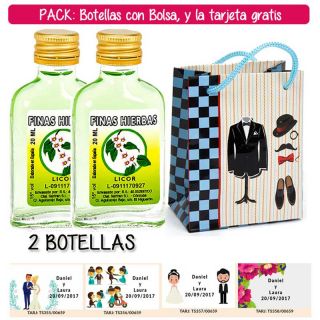 2 Botellitas Petaca de Licor de Finas Hierbas con bolsa “charlestón” y tarjeta