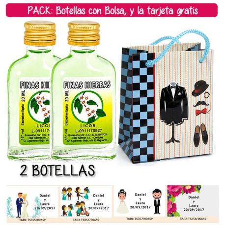 2 Botellitas Petaca de Licor de Finas Hierbas con bolsa “charlestón” y tarjeta