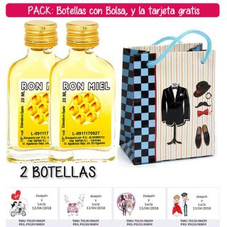 2 Botellitas Petaca de Ron Miel con bolsa “charlestón” y tarjeta
