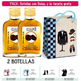 2 Botellitas Petaca de Licor de Café con bolsa “charlestón” y tarjeta
