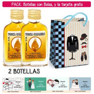 2 Botellitas Petaca de Vodka Caramelo con bolsa “charlestón” y tarjeta