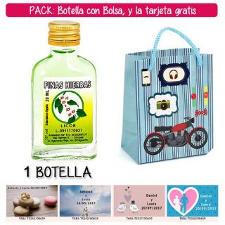 Botellita Petaca de Licor de Finas Hierbas con bolsa “con moto roja” y tarjeta