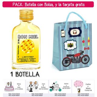 Botellita Petaca de Ron Miel con bolsa “con moto roja” y tarjeta