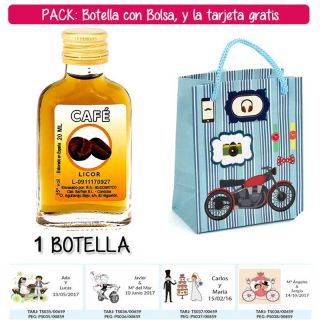 Botellita Petaca de Licor de Café con bolsa “con moto roja” y tarjeta