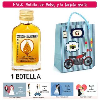 Botellita Petaca de Vodka Caramelo con bolsa “con moto roja” y tarjeta