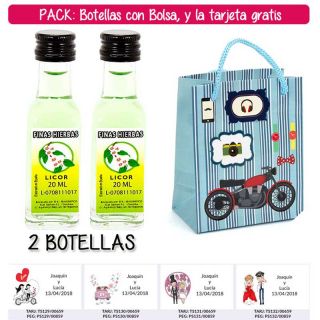2 Botellitas de Licor de Finas Hierbas con bolsa “con moto roja” y tarjeta