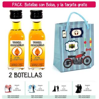 2 Botellitas de Vodka Caramelo con bolsa “con moto roja” y tarjeta