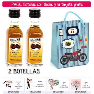 2 Botellitas de Licor de Café con bolsa “con moto roja” y tarjeta