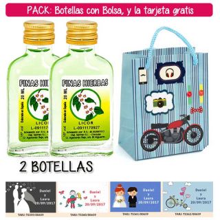 2 Botellitas Petaca de Licor de Finas Hierbas con bolsa “con moto roja” y tarjeta