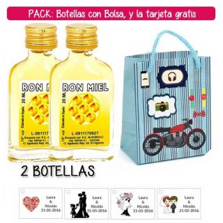 2 Botellitas Petaca de Ron Miel con bolsa “con moto roja” y tarjeta