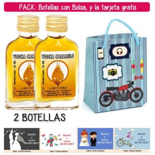 2 Botellitas Petaca de Vodka Caramelo con bolsa “con moto roja” y tarjeta