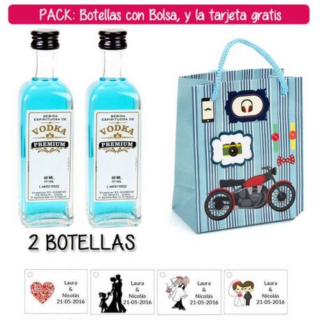 2 Botellitas 60ml de Vodka Premium con bolsa “con moto roja” y tarjeta