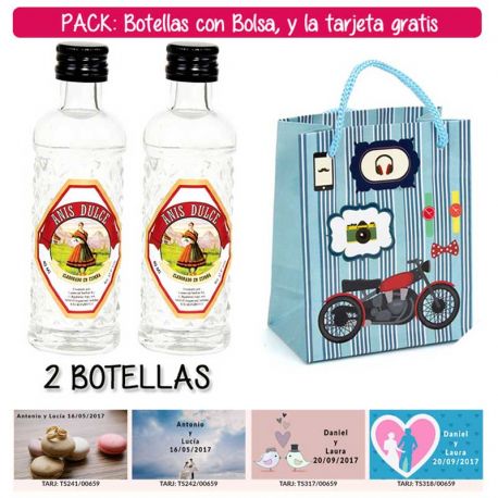 2 Botellitas 40ml de Anís Dulce con bolsa “con moto roja” y tarjeta