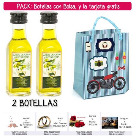 2 Botellitas de Aceite de Oliva Virgen Extra con bolsa “con moto roja” y tarjeta