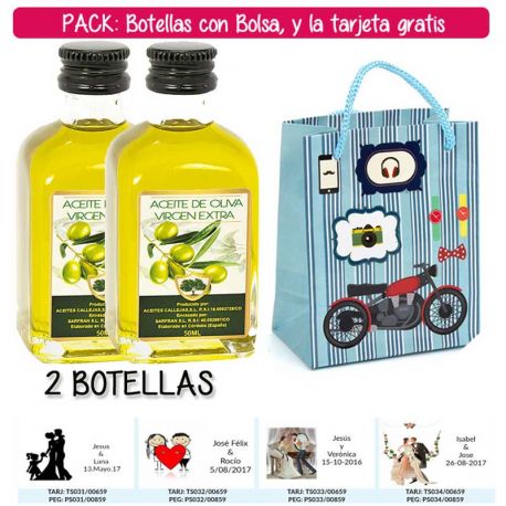 2 Botellitas de Aceite de Oliva Virgen Extra con bolsa “con moto roja” y tarjeta