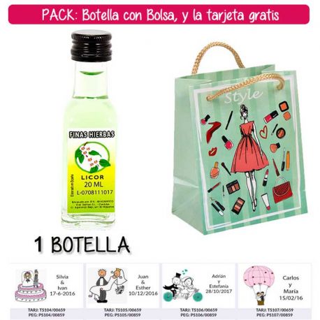 Botellita de Licor de Finas Hierbas con bolsa “fashion con mujer” y tarjeta