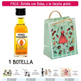 Botellita de Vodka Caramelo con bolsa “fashion con mujer” y tarjeta