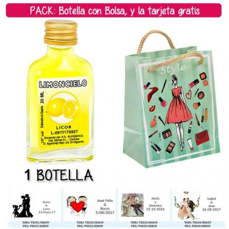 Botellita Petaca de Limoncielo con bolsa “fashion con mujer” y tarjeta