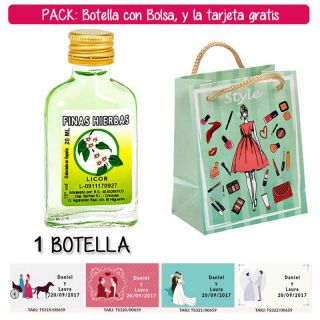 Botellita Petaca de Licor de Finas Hierbas con bolsa “fashion con mujer” y tarjeta