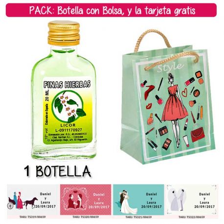 Botellita Petaca de Licor de Finas Hierbas con bolsa “fashion con mujer” y tarjeta