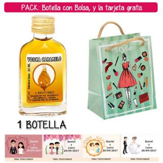 Botellita Petaca de Vodka Caramelo con bolsa “fashion con mujer” y tarjeta