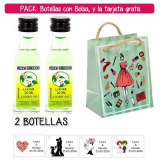 2 Botellitas de Licor de Finas Hierbas con bolsa “fashion con mujer” y tarjeta