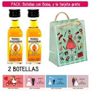 2 Botellitas de Vodka Caramelo con bolsa “fashion con mujer” y tarjeta