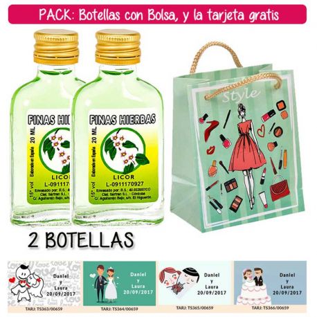 2 Botellitas Petaca de Licor de Finas Hierbas con bolsa “fashion con mujer” y tarjeta