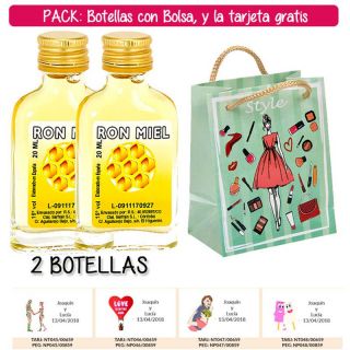 2 Botellitas Petaca de Ron Miel con bolsa “fashion con mujer” y tarjeta