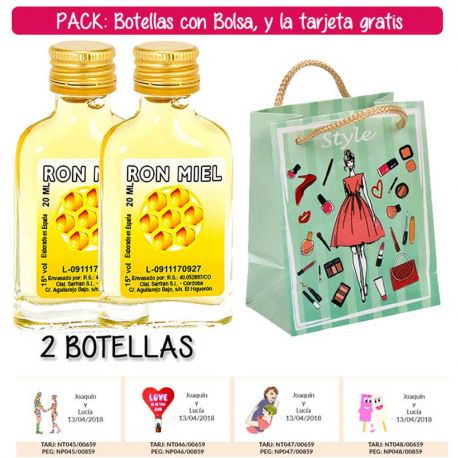 2 Botellitas Petaca de Ron Miel con bolsa “fashion con mujer” y tarjeta