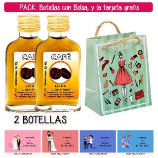 2 Botellitas Petaca de Licor de Café con bolsa “fashion con mujer” y tarjeta