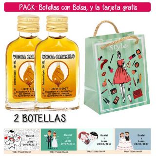 2 Botellitas Petaca de Vodka Caramelo con bolsa “fashion con mujer” y tarjeta
