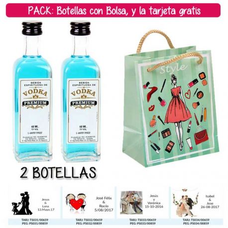 2 Botellitas 60ml de Vodka Premium con bolsa “fashion con mujer” y tarjeta