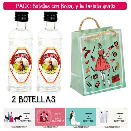 2 Botellitas 40ml de Anís Dulce con bolsa “fashion con mujer” y tarjeta