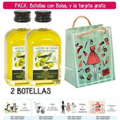 2 Botellitas de Aceite de Oliva Virgen Extra con bolsa “fashion con mujer” y tarjeta