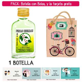 Botellita Petaca de Licor de Finas Hierbas con bolsa “fashion con bici” y tarjeta