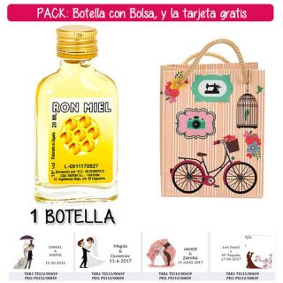 Botellita Petaca de Ron Miel con bolsa “fashion con bici” y tarjeta