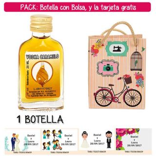 Botellita Petaca de Vodka Caramelo con bolsa “fashion con bici” y tarjeta