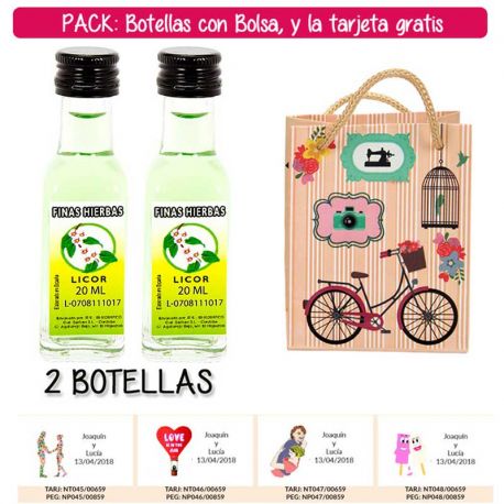 2 Botellitas de Licor de Finas Hierbas con bolsa “fashion con bici” y tarjeta