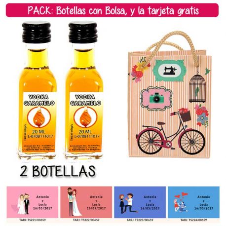2 Botellitas de Vodka Caramelo con bolsa “fashion con bici” y tarjeta