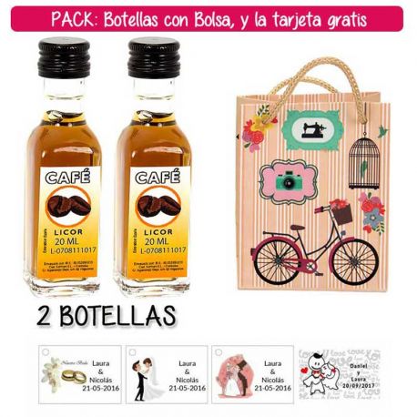 2 Botellitas de Licor de Café con bolsa “fashion con bici” y tarjeta