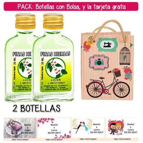 2 Botellitas Petaca de Licor de Finas Hierbas con bolsa “fashion con bici” y tarjeta